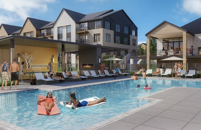 这是位于希尔斯伯勒西北部凯茨溪的柿子庄园 (Persimmon at Cates Creek) 的配套设施效果图，其中包括一个海水游泳池。Ci Design 设计