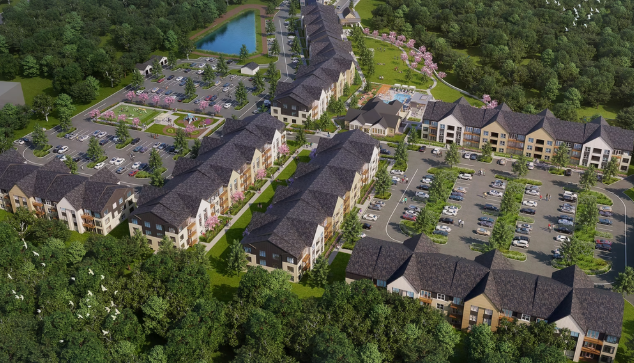 这是位于希尔斯伯勒西北部凯茨溪的柿子公寓及联排别墅社区的鸟瞰图，该社区共有346套单元。