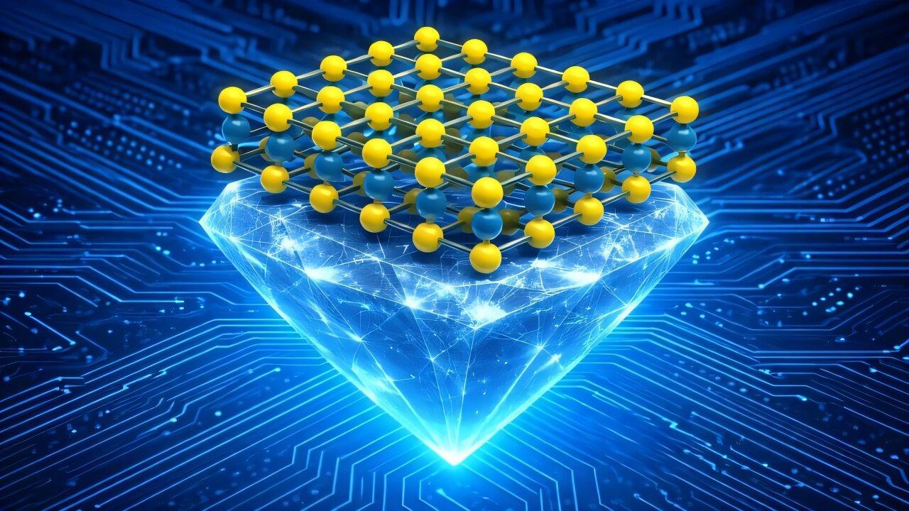 二维二硫化钼（黄色和蓝色球体）堆叠在金刚石上，这种组合有助于电流流动，并可能催生一种新型的金刚石基电子器件