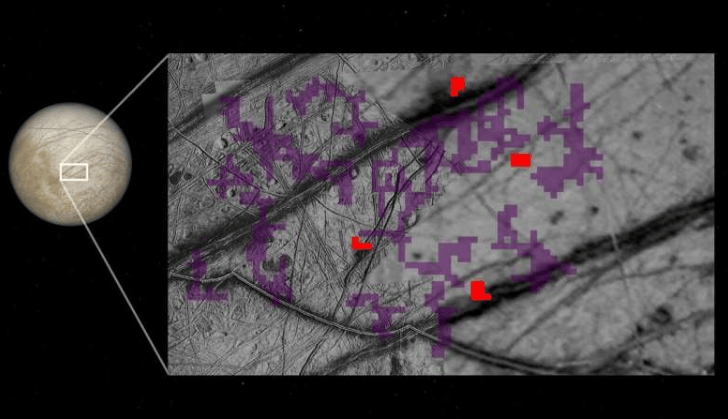 红色像素标记了伽利略号探测器在木卫二表面探测到含氨化合物的位置。紫色像素则表示未探测到此类化合物。