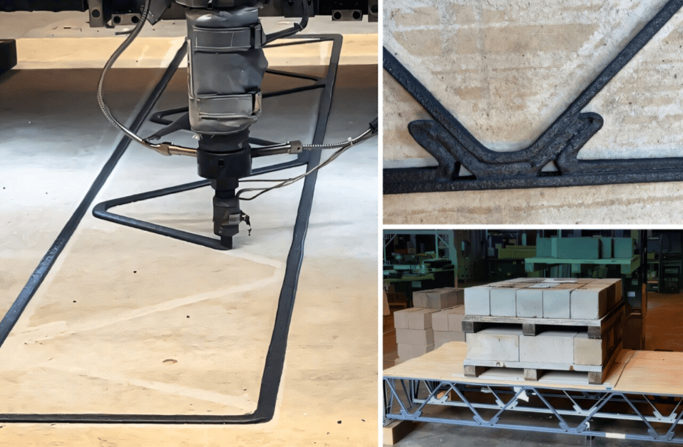 左图为MIT HAUS大型3D打印系统正在打印聚合物复合材料3D打印地板桁架的第一层。右图为带缺口接头的特写，中间部分为组装好的地板系统正在进行弯曲测试，测试载荷为约2000磅的混凝土块。