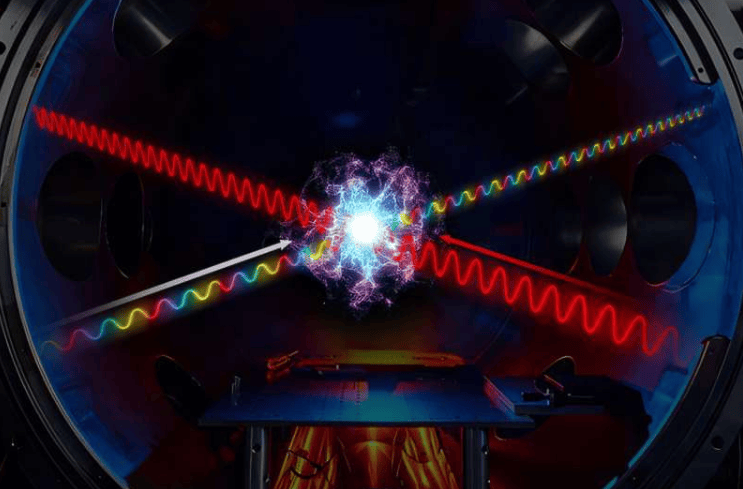 这幅艺术概念图展示了一种用于测量等离子体状态的新型交叉光束能量转移（CBET）技术。图中以红色波长显示的泵浦光束与一束较弱的宽带探测光束（以多种颜色显示）相交。等离子体状态的信息通过等离子体波从泵浦光束传递能量，并印刻到探测光束的光谱上。