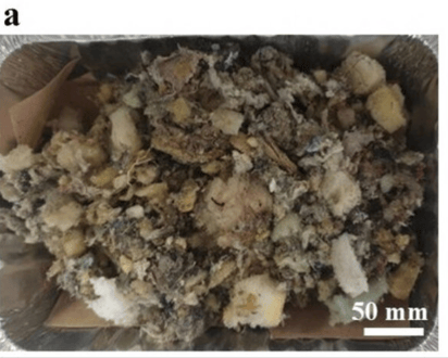 床垫废料处理前后的影像和显微分析。(a) 粉碎后的床垫废料；