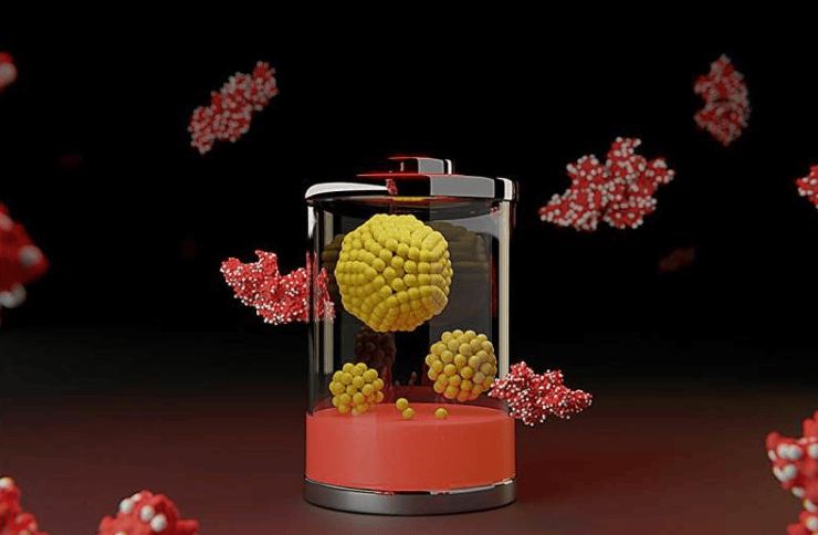 这张插图象征着一种新型电池技术：蛋白质(红色)包裹着微小的金属簇(银色)。中心结构中的每个黄色球体代表一个镍或铁原子。