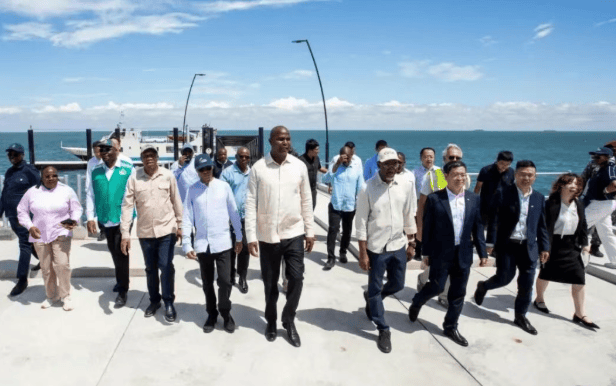 图为王利军陪同查波总统等领导参观栈桥