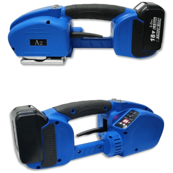 A2 Portable handheld electric strapping tool for PP & PET straps, adjustable tension 60–2500N, friction welding, lightweight design, ideal for logistics, warehouse and express packing.