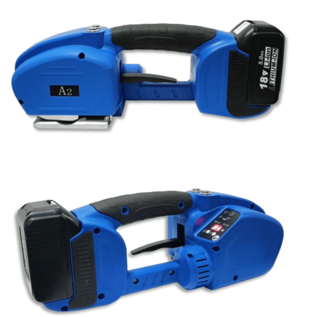 A2 Portable handheld electric strapping tool for PP & PET straps, adjustable tension 60–2500N, friction welding, lightweight design, ideal for logistics, warehouse and express packing.