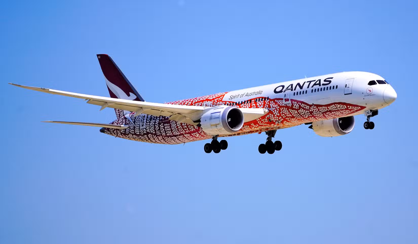 Qantas Flight 7, Boeing 787-9 aircraft with Aboriginal Art Livery Yam Dreaming from Sydney, Australia