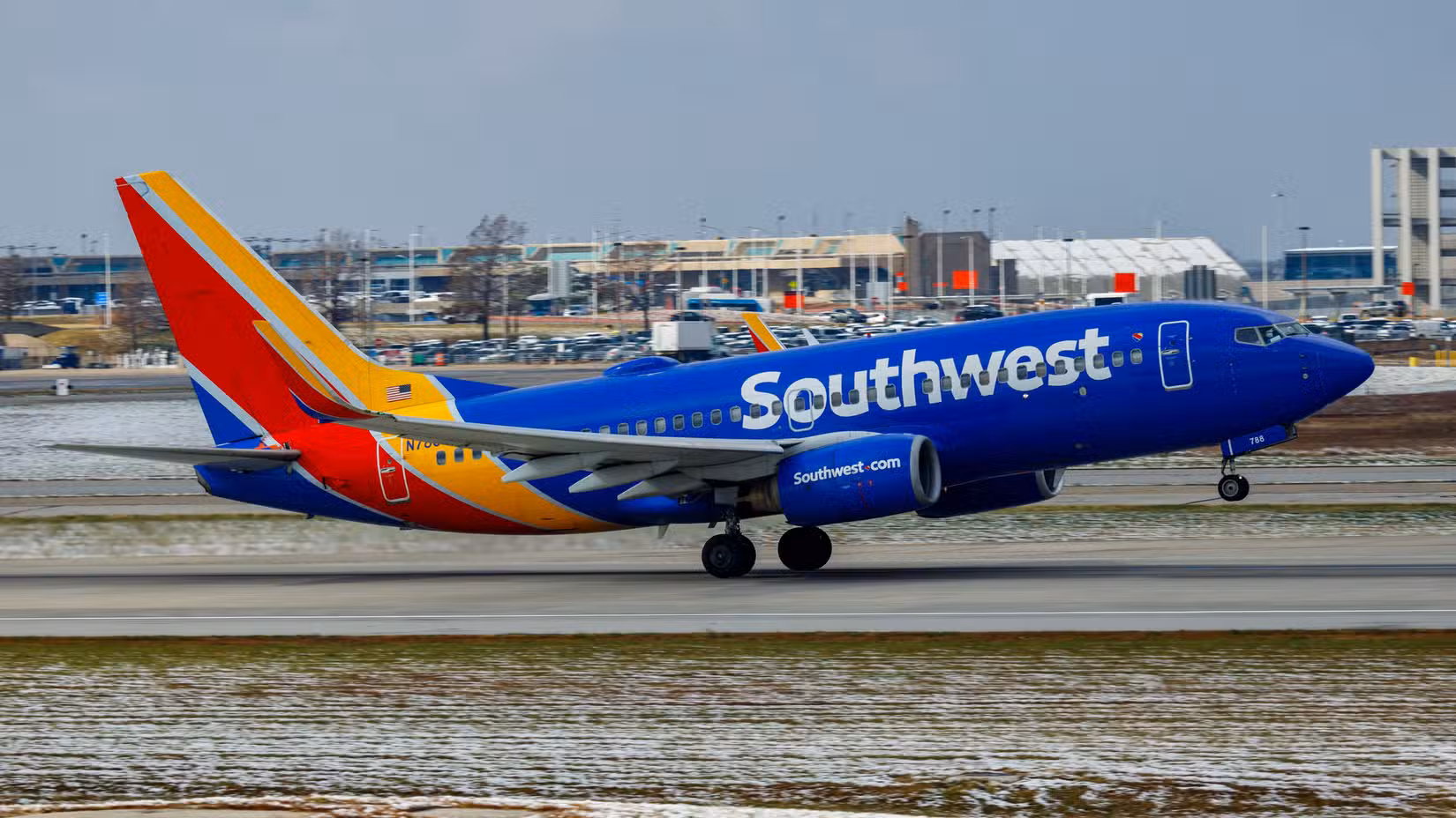 Southwest Airlines Boeing 737-700 taking off from Kansas City International Airport.