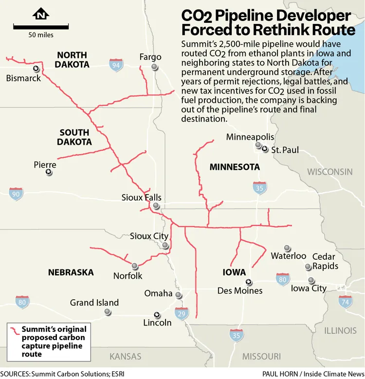 Map showing Summits proposed 2500mile CO2 pipeline route through Iowa Nebraska South Dakota North Dakota and Minnesota