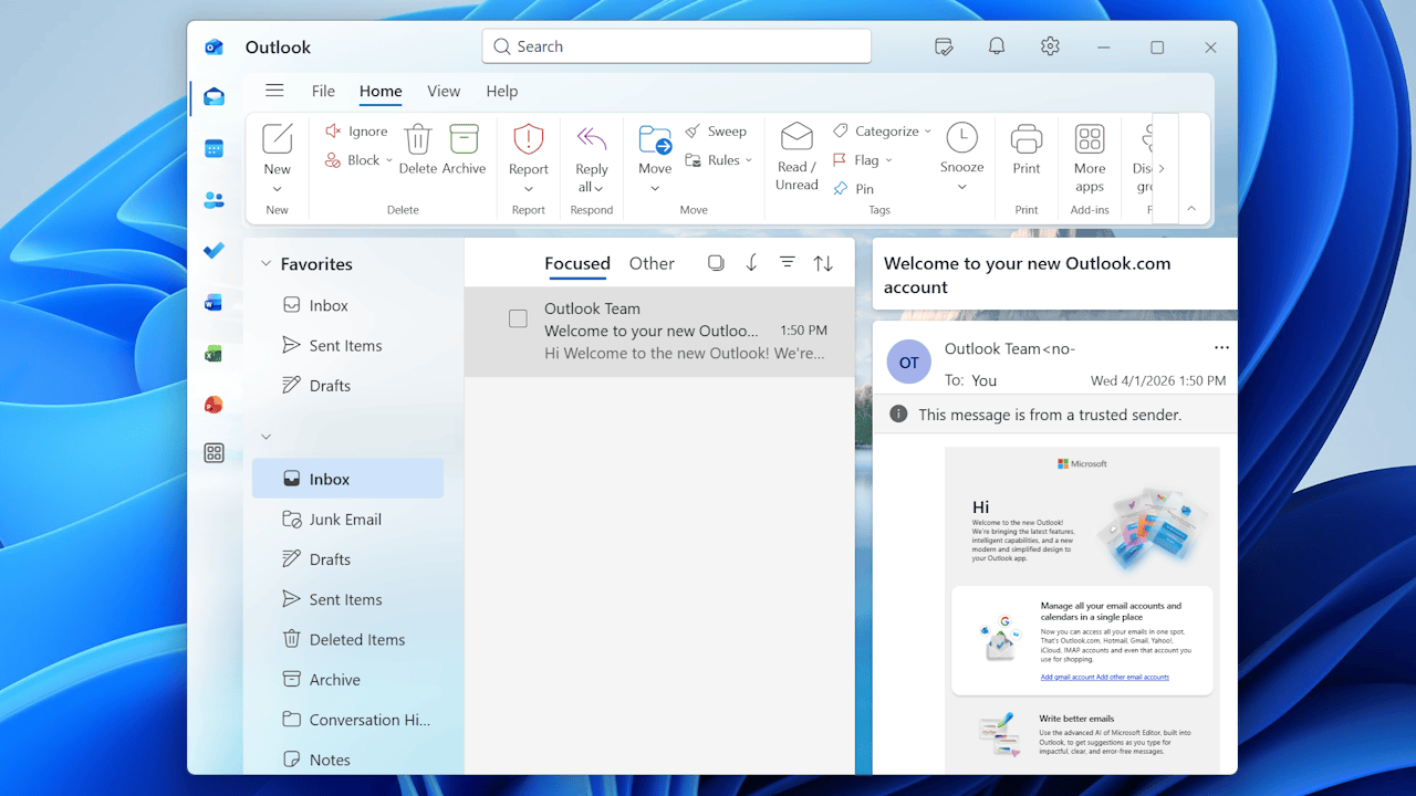 The new Outlook app on Windows 11.