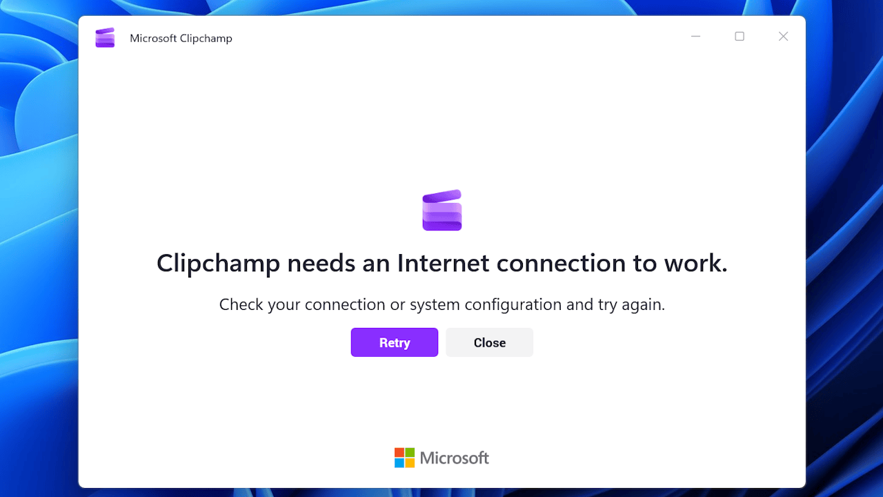 Clipchamp showing an internet connection error message on Windows 11.