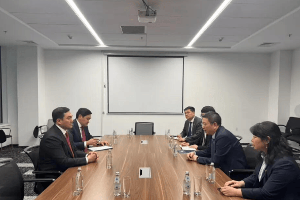 与哈萨克斯坦能源部部长叶尔兰·阿肯热诺夫会谈