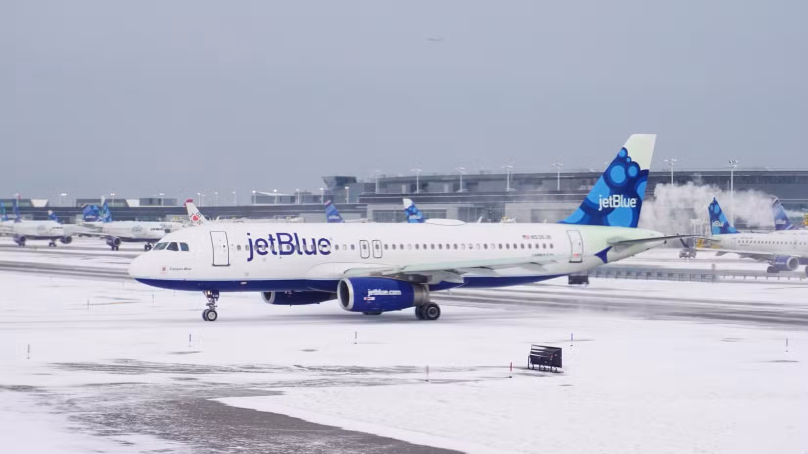 multiple JetBlue at JFK in snow
