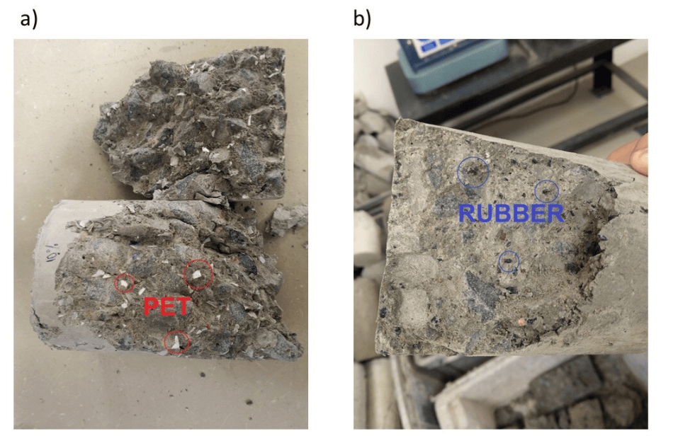 混凝土试件中，细骨料分别被10%的a)碎PET和b)再生橡胶替代。
