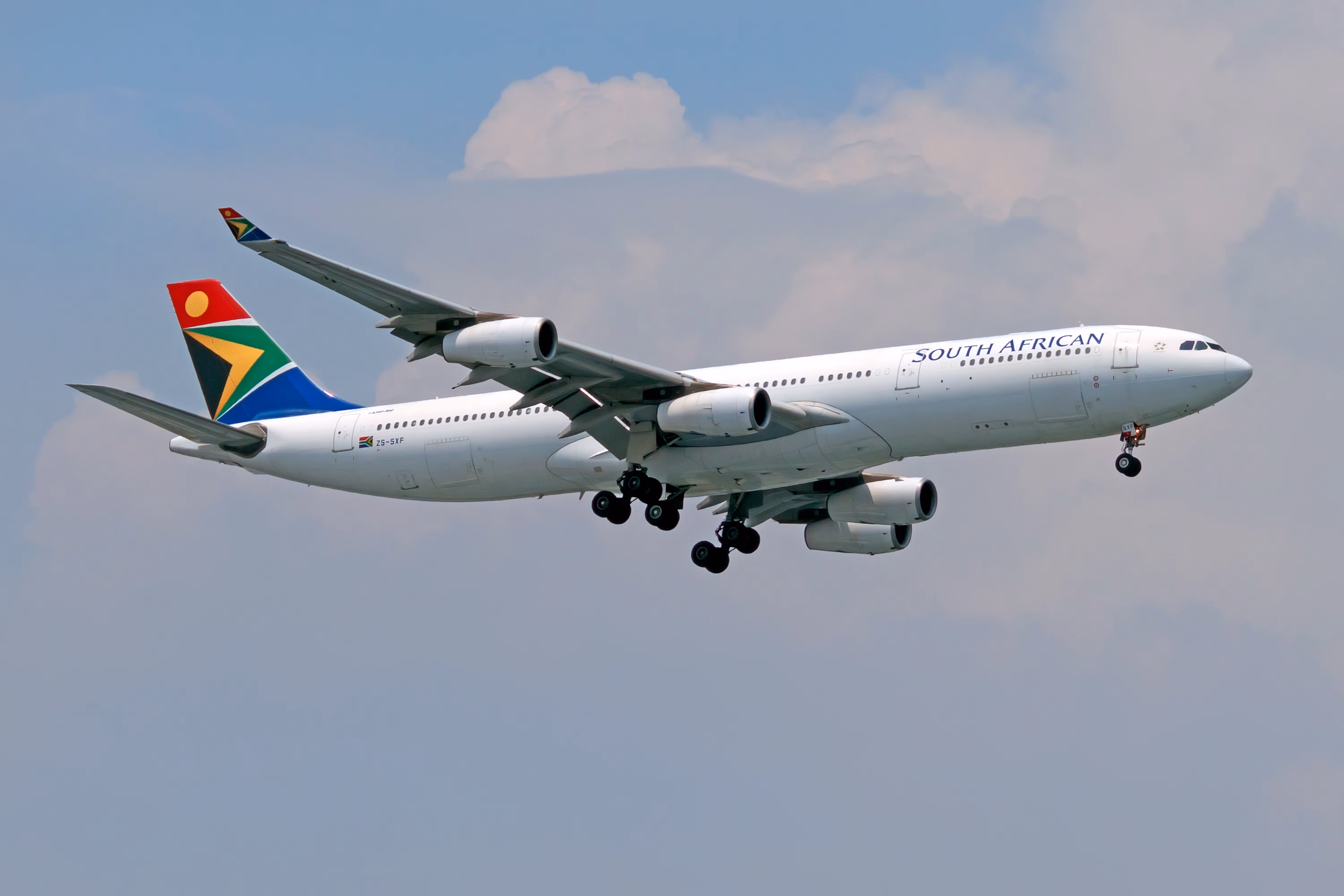 South African Airways Airbus A340-300 arriving in Jakarta, Indonesia shutterstock_1733252213