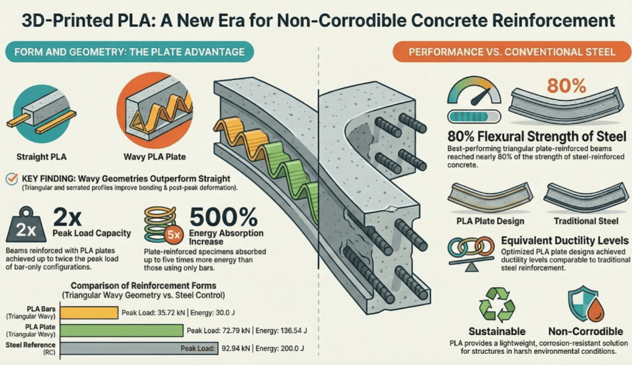 Characterization of the flexural behavior of small beams reinforced with 3D-printed polymer rods and sheets.