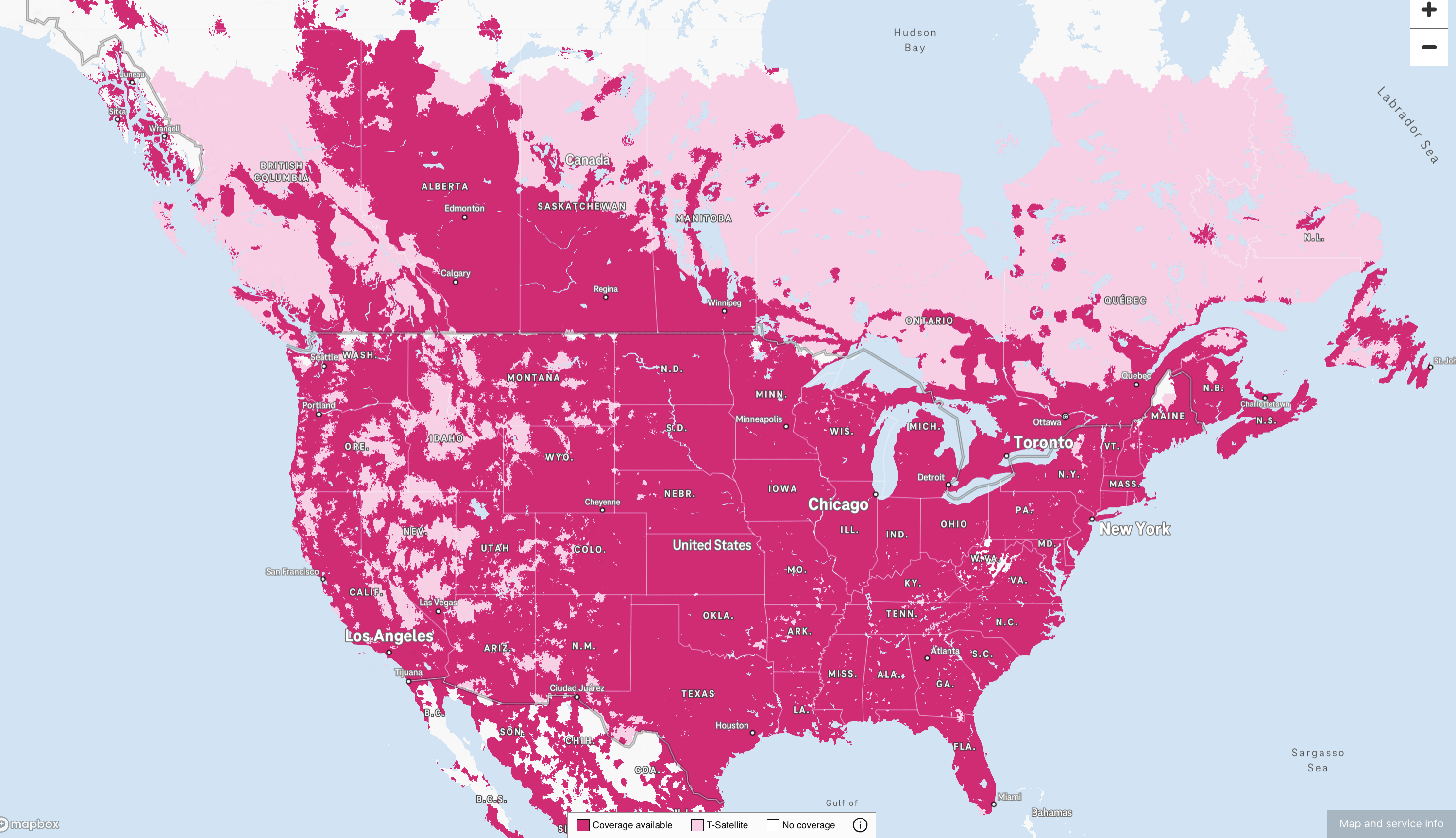 The coverage map for T-Satellite now includes areas in Canada.