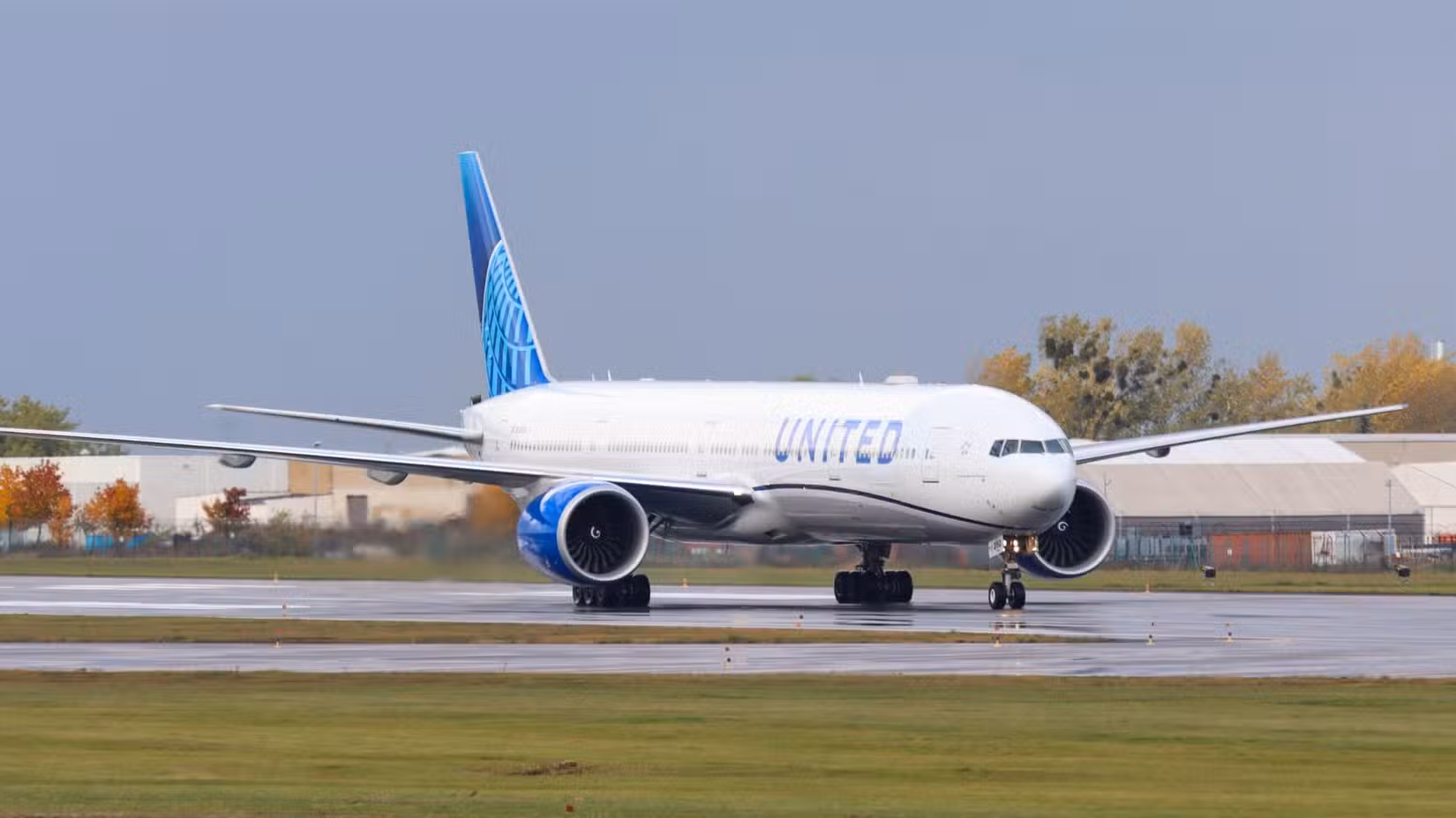 United Airlines, Boeing 777-300ER taxis after landing in Poznan, Poland.
