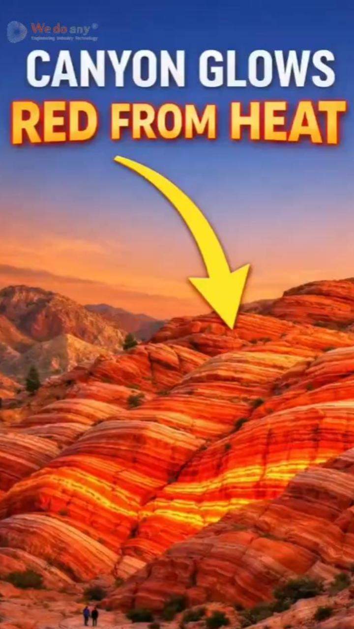 Geothermal heat transforms iron minerals into glowing red canyon walls in China's Danxia mountains. 