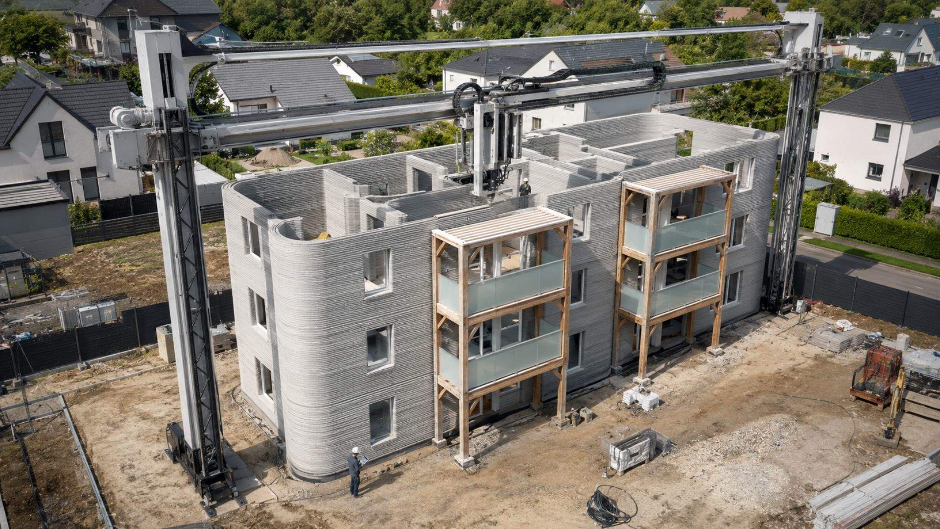巨型打印机在34天内建成欧洲最大的3D打印公寓楼。混凝土结构比传统方式快三个月。