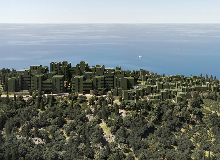 Image 3 sur 25 du rendu du complexe hôtelier paysager de Dhërmi en Albanie dévoilé par Ricardo Bofill Taller de Arquitectura