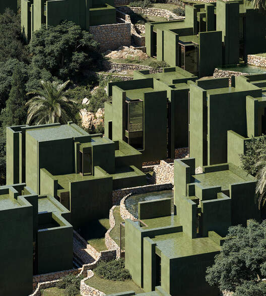 Image 9 sur 25 du rendu du complexe hôtelier paysager de Dhërmi en Albanie dévoilé par Ricardo Bofill Taller de Arquitectura