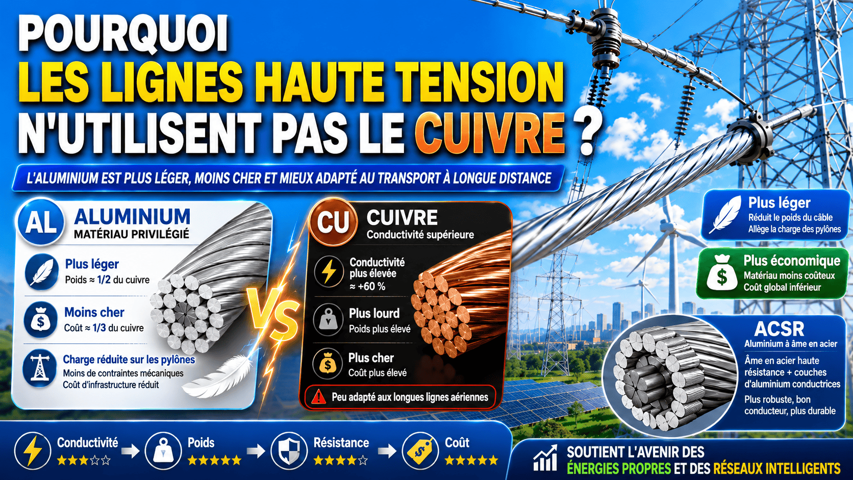 Pourquoi les lignes à haute tension n'utilisent-elles pas le cuivre ?
