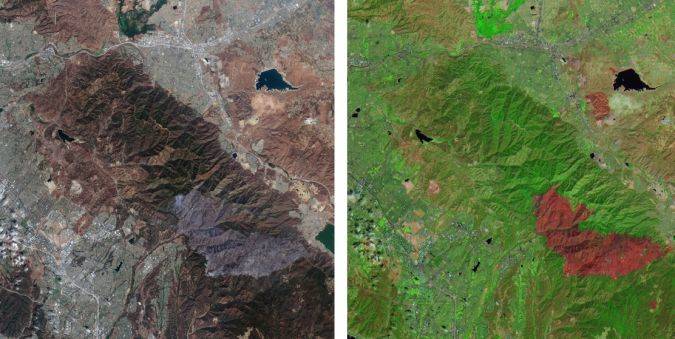 مثال لصورة متعددة الأطياف من القمر Sentinel 2C، تظهر المناطق المتضررة من حرائق الغابات (الصورة اليسرى: ألوان حقيقية، الصورة اليمنى: ألوان زائفة). (الصورة مقدمة من: ESA)