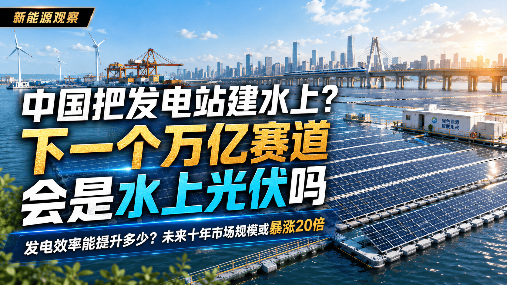 中国把发电站建水上，这是下一个万亿赛道？ 你想象过未来的能源来自哪里吗？可能不是沙漠，而是水上！把太阳能板铺在水上，发电效率能高多少？听说未来十年市场规模要暴涨20倍，这波新能源革命你看好吗？#新能源