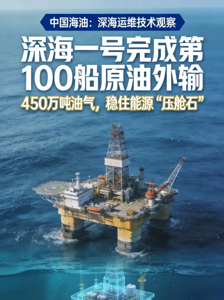 深海一号完成第100船原油外输！看清深海能源的技术逻辑！ 深海一号完成第100船原油外输！?根据中国海油1月2日最新消息，我国首个自主研发的超深水大气田迈入新里程。? 硬科技与新财经视角观察：1