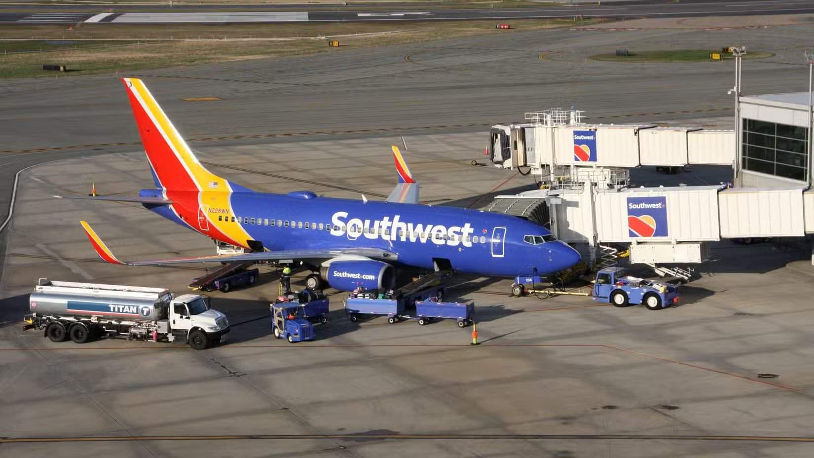A Southwest Airlines 737 at T.F. Green Airport terminal