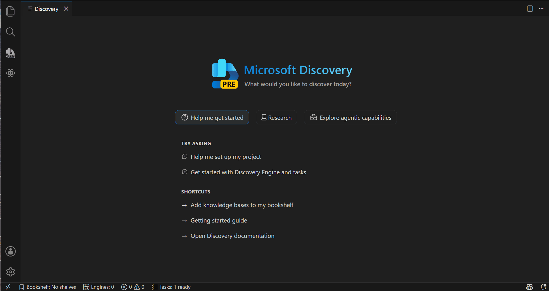 Figura 4: Interface de boas-vindas do aplicativo Microsoft Discovery.