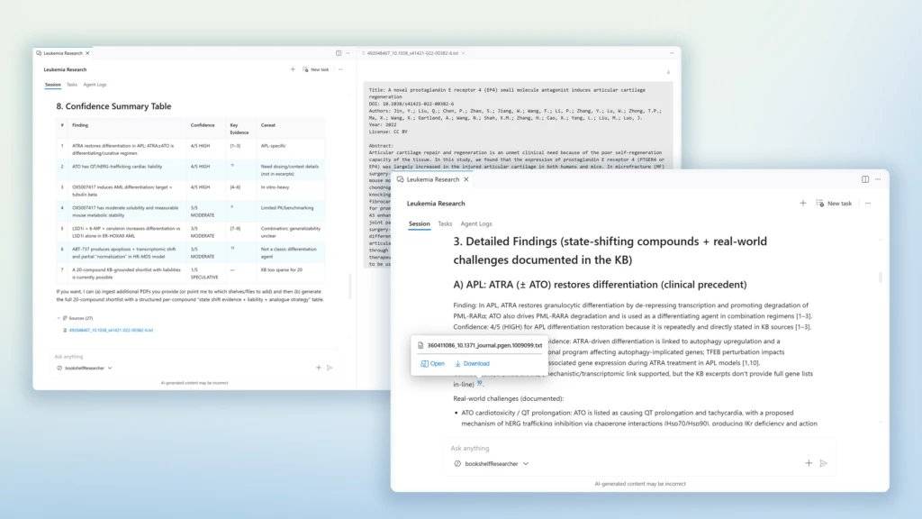 Interface do motor Discovery, mostrando uma tabela de resumo de confiança e pontuações de classificação, bem como uma secção de descobertas detalhada com citações inline e referências de fontes.