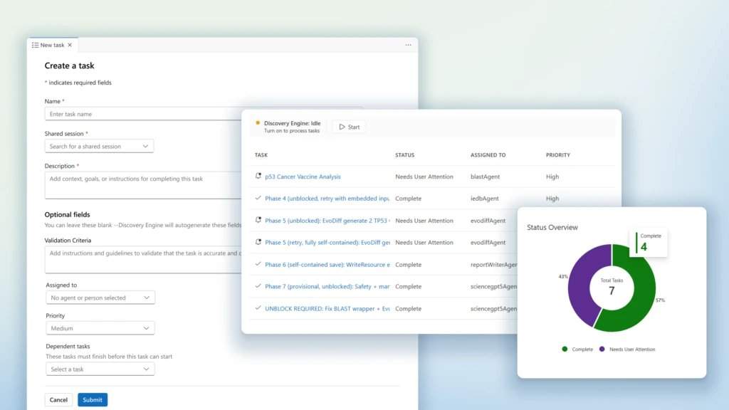 Interface do motor Microsoft Discovery, mostrando a criação de tarefas, visão geral do estado e acompanhamento de conclusão.