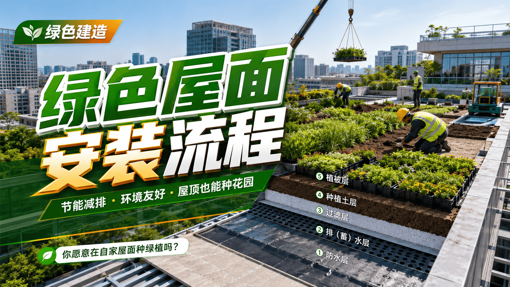 绿色屋面安装流程 绿色屋顶是一种在屋顶表面铺设土壤和植物的建筑选择，具有节能减排、环境友好、生物多样性和美学价值等优点，朗诗的楼盘全是绿色屋顶，你愿意在自家屋面种上绿植吗？#绿色屋顶 #防水#吉百迅喷