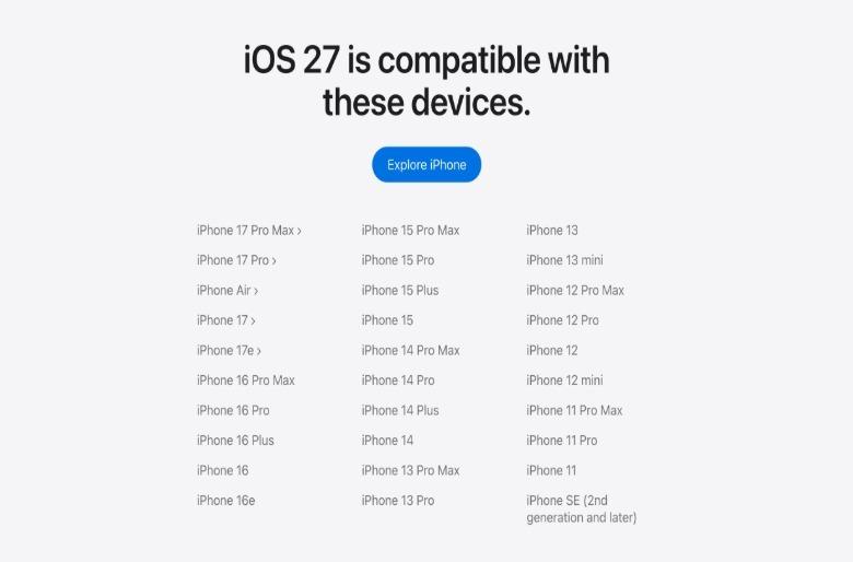 一份可运行iOS 27的iPhone列表。