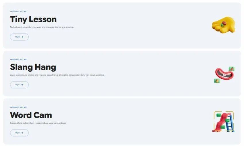Kleine Sprachlektionen (Little Language Lessons) bieten drei Hauptlernmethoden: Mikro-Lektion (Tiny Lesson), Slang-Kette (Slang Hang) und Wortkamera (Word Cam). • Bildquelle: Quelle/Google