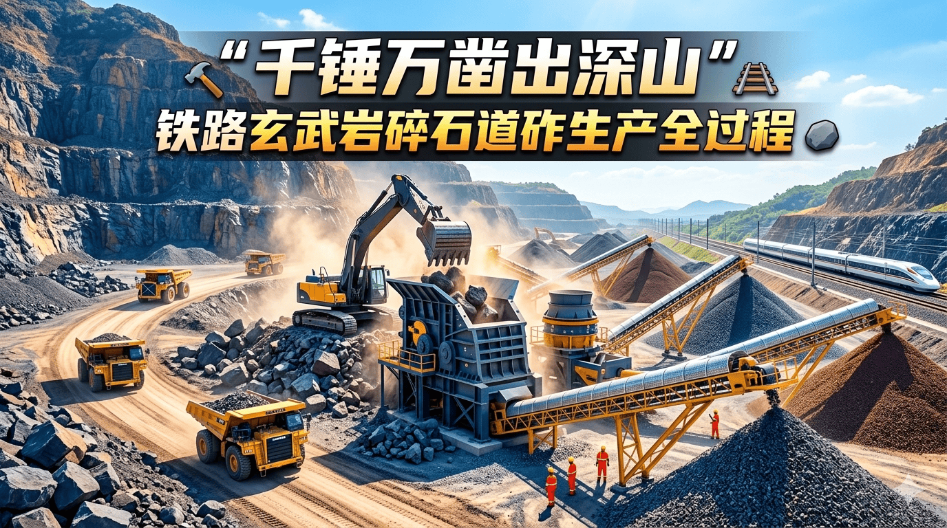 “千锤万凿出深山”，铁路玄武岩碎石道砟生产过程。#采石场 (视频：冯广成 尹东方)
