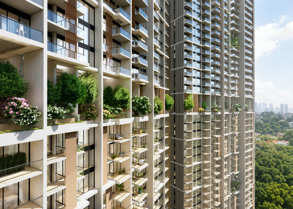 Vista cercana de la fachada de las torres Avenue South Residences en Singapur, destacando balcones, áreas verdes integradas y módulos residenciales prefabricados con acabados completos.