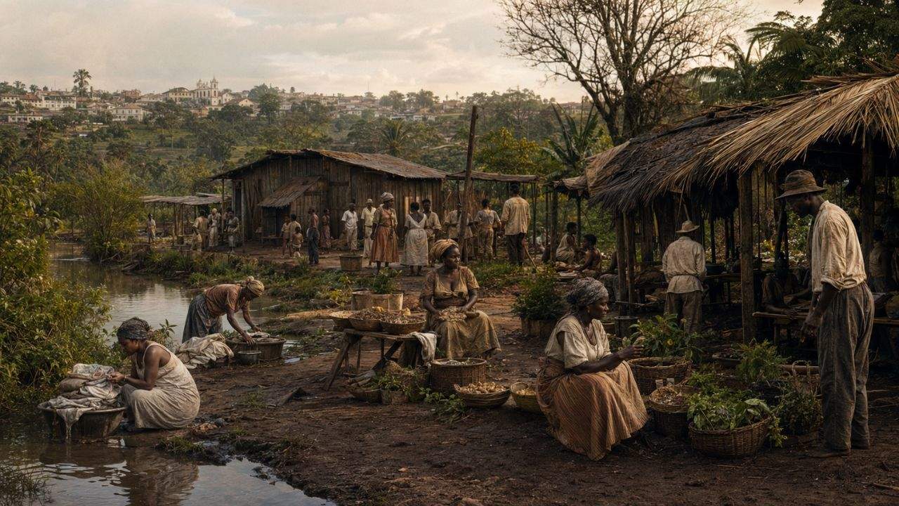 Représentation artistique du quilombo Saracura au XIXe siècle, situé au bord de l’ancienne rivière Saracura, où lavandières, vendeurs ambulants, herboristes et travailleurs noirs ont établi une communauté de refuge et de résistance, sur un terrain qui deviendra plus tard le quartier de Bixiga.