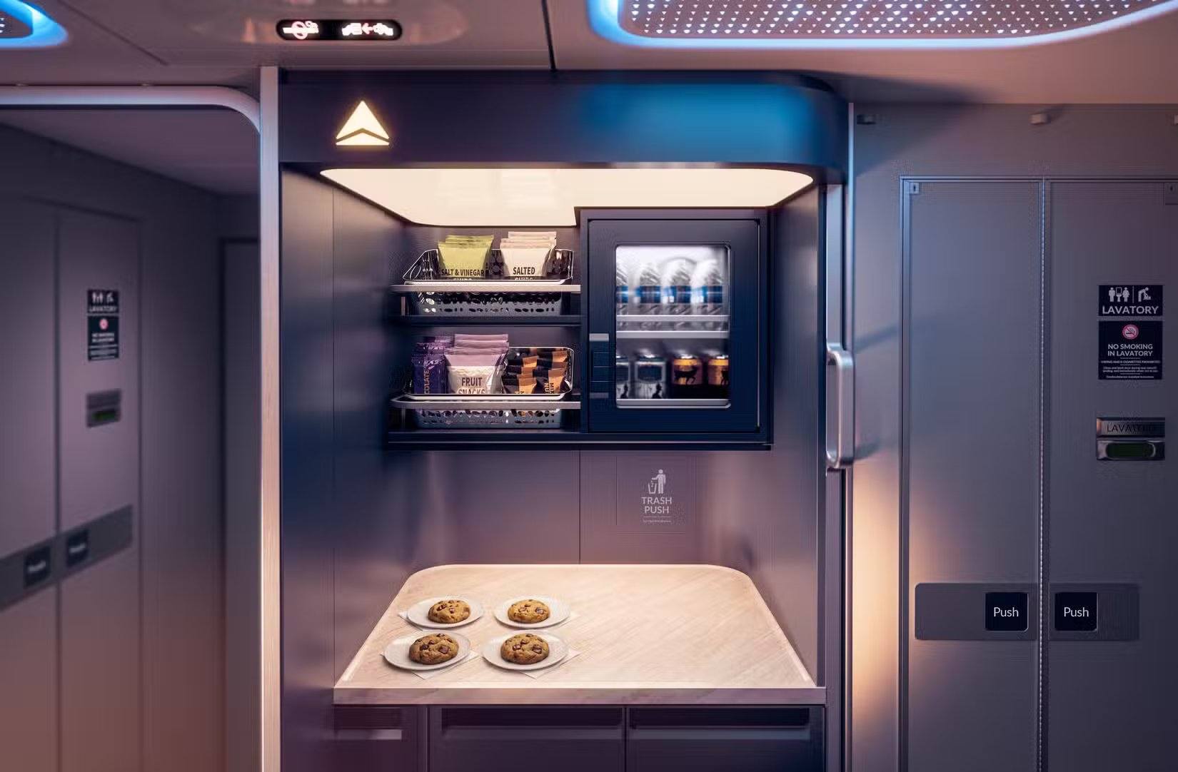 Station de collations et boissons en libre-service dans la cabine Delta One sur A330 et A350 de Delta Air Lines