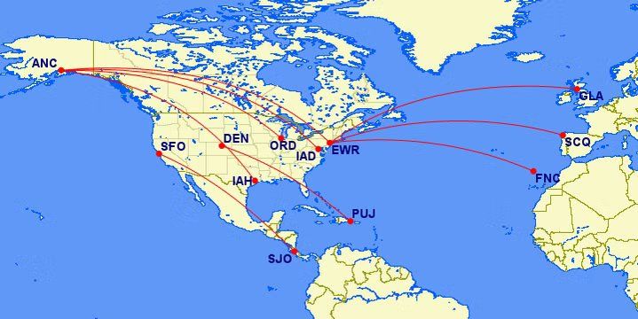 Mapa das rotas mais longas do 737 MAX da United Airlines