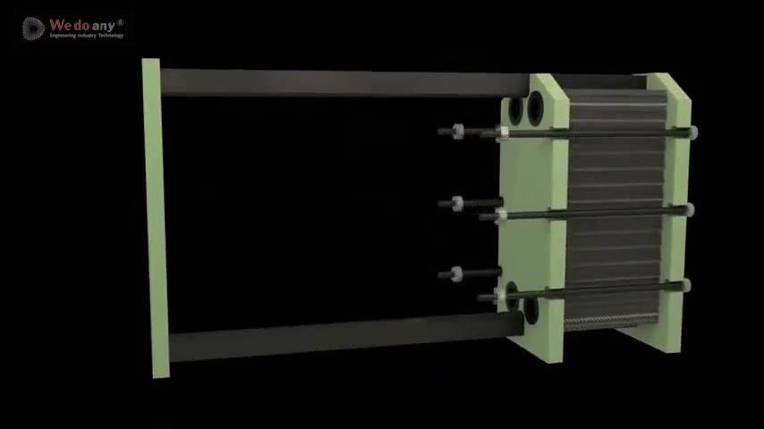Animation of the counter-flow of hot- and cold-fluids inside a plate heat exchanger. Alternate plate