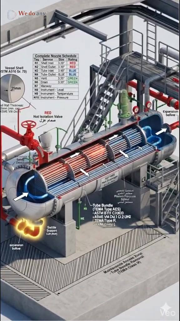 شرح المخطط الهندسي للمبادل الحراري Shell & Tube Heat Exchanger Engineering Layout Explained هذا المخ