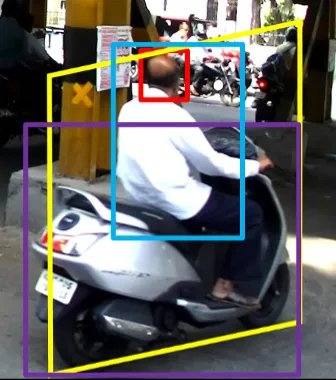 摩托车手的街景后视摄像头画面，紫色、黄色、蓝色和红色边界框叠加显示骑手及计算机视觉系统检测到的裸露头部。