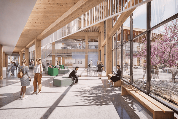 No térreo, entre os dois blocos, há um 'espaço de ativação' projetado para promover várias atividades sociais e de descanso. Inclui um centro comunitário e uma cafeteria com vista para o pátio. O átrio aberto leva ao segundo andar.