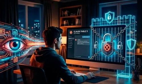 مستخدم أمام شاشة عرض تظهر عليها واجهة كلود فابل 5، محاطة بسلاسل رقمية وقفل، مما يرمز إلى مشكلات الأمان والخصوصية.