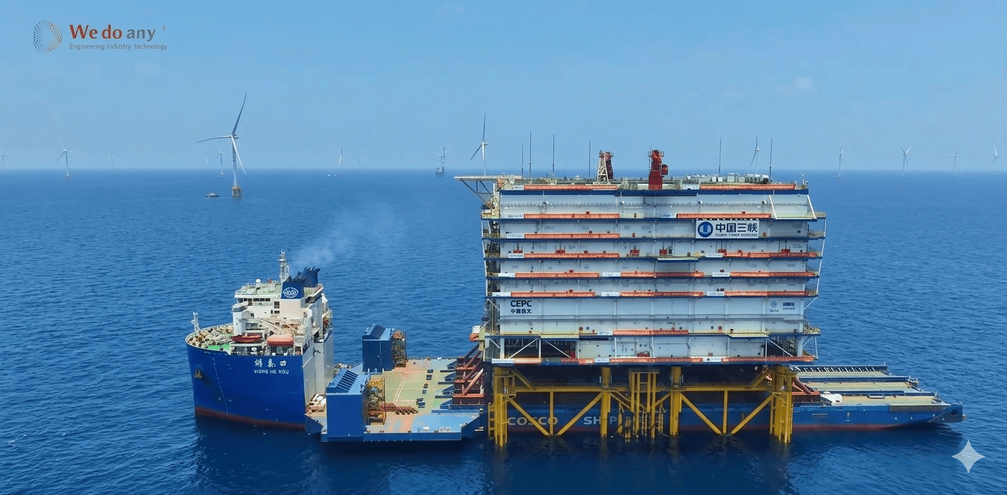近日，振华重工承建的世界规模最大海上换流站“海风之心”在广东阳江青洲海域顺利完成海上浮托安装作业，上部组块与海底导管架基础实现毫米级精准对接。（来源：振华重工）