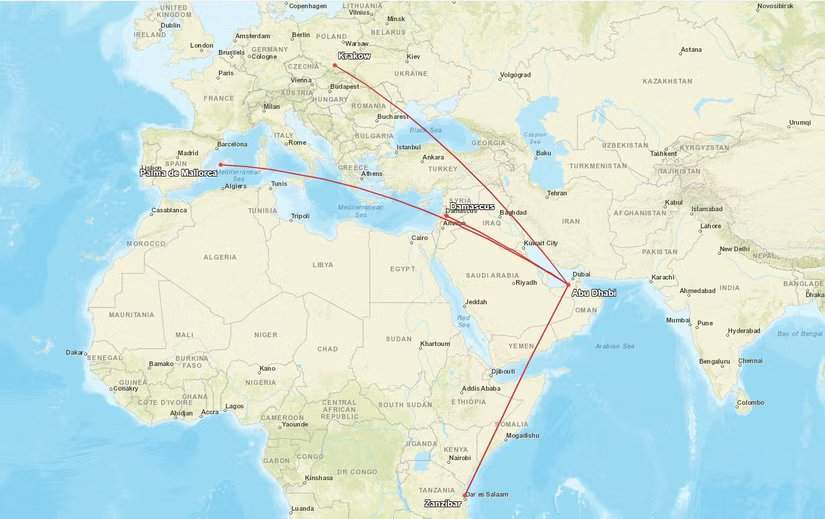 Mapa das novas rotas da Etihad Airways em junho